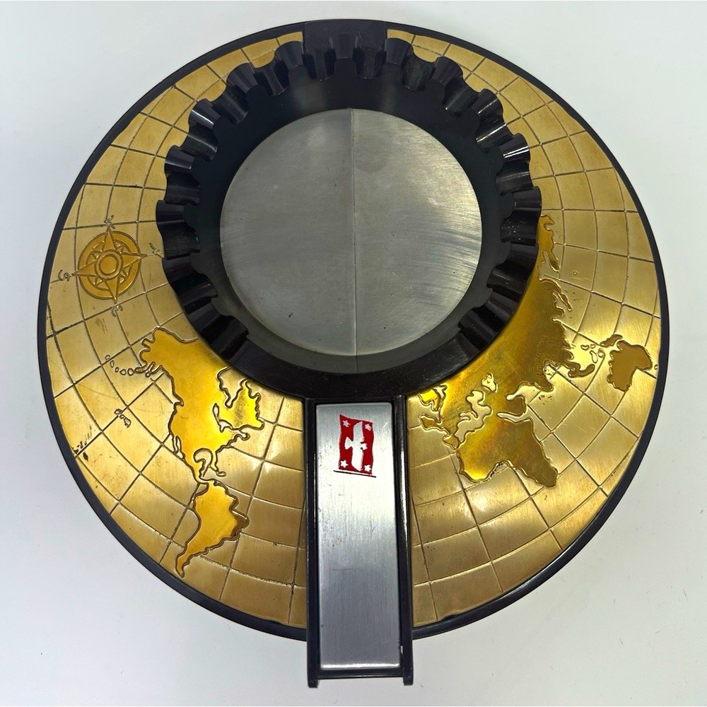 Round World Map Design Ashtray w/ Flip Lid, Cigarette Rest Stand, Black/Gold